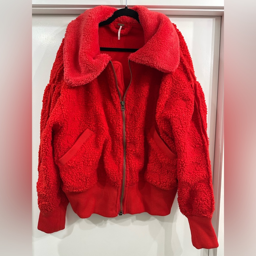 Free People Cozy-Up faux Sherpa cardigan jacket in high risk red